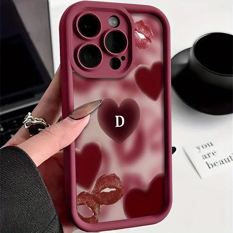 Patterned Red Heart Letter D TPU Silicone Protective Phone Case - Durable, Shockproof Edge, Waterproof, 2D Printed, Lens Protection - Valentine's Day Gift Mobile Accessory for iPhone 17,16,16e,15,14 Plus,13,12 Mini,11,Air,X,XS Pro Max Line, Accessories
