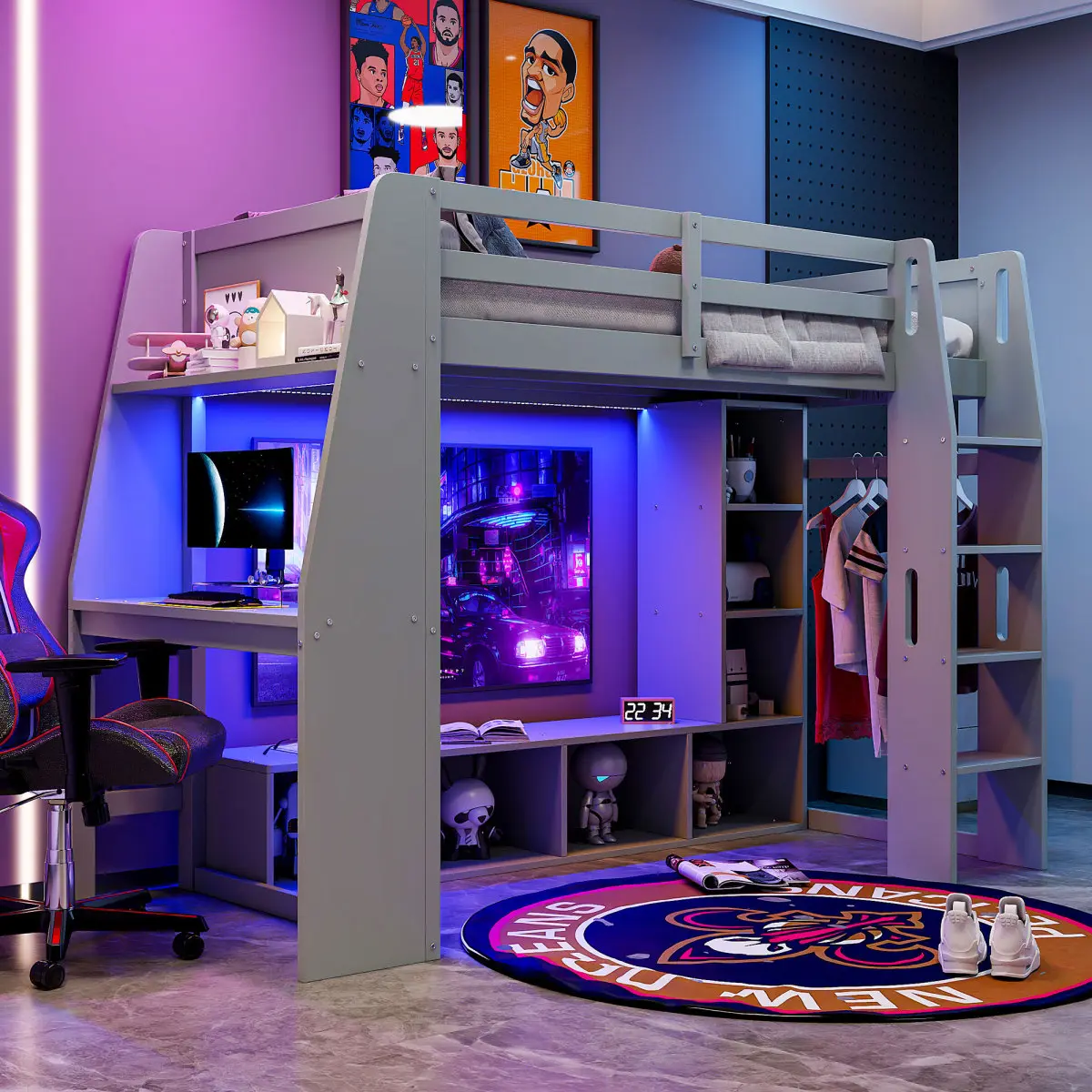 [Bellemave]Wood Twin /Full Size Gaming Loft Bed with Desk, Multi-storage Shelves, LED and a Hanging Clothes Rack, Gray