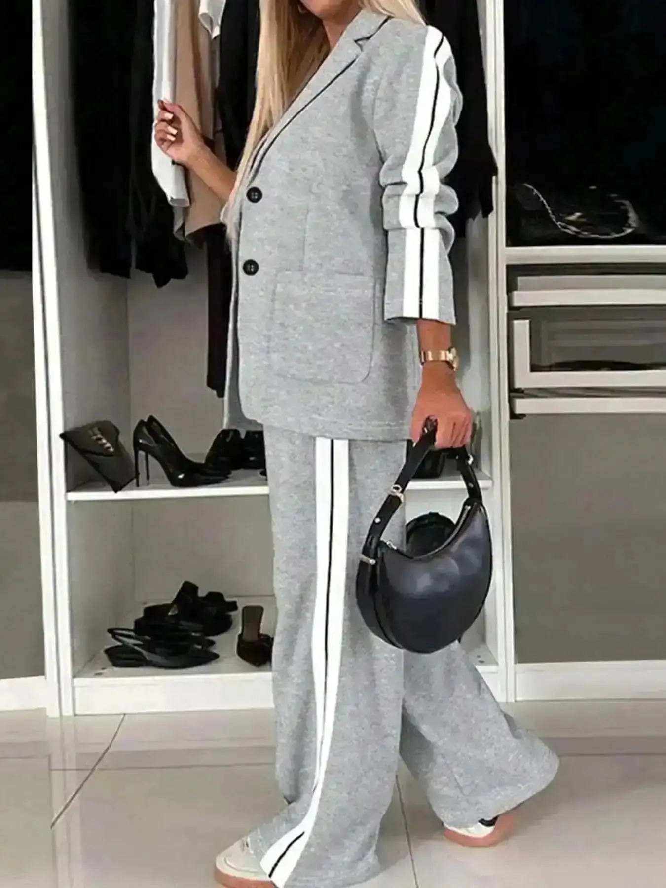 Sleek Women's Striped Print Blazer Jacket & Wide Leg Pants Set, Casual Fitted Suit for All Seasons, Stylish Ladies' Clothing Ensemble, Comfort, Coord Set, Durable Wear Elegant Modern Classic Comfortable Stretchy Relaxed