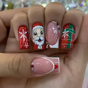 Christmas 24pcs Square Heart French Tip Nails, Stylish Acrylic Nails, Nail Art Diy, Pearl Rhinestone Design, Full Coverage Acrylic False Nails, Includes Jelly Glue & Nail File