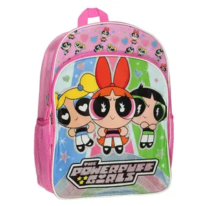 The Powerpuff Girls Backpack Blossom Buttercup Bubbles 16" Sparkly Bookbag with Adjustable Padded Straps