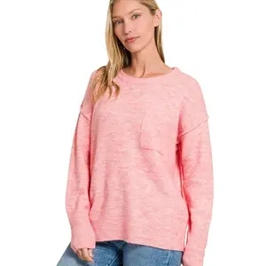 Zenana Melange Hi-low Hem Round Neck Sweater