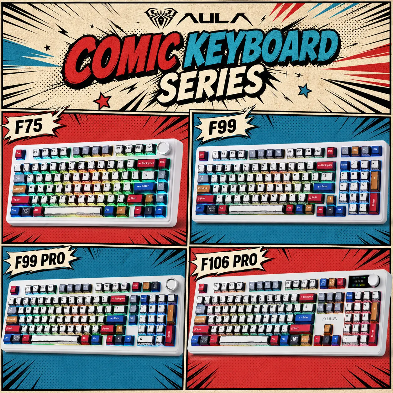 AULA Manga Series Wireless Mechanical Keyboard Gift for Gamers, F75/F99/F99 Pro/F106 Pro, Tri-Mode Hot-Swappable Gasket Keyboard with RGB Backlight, Creamy Sound & Comic Keycaps for PC/Mac #black friday,techvibes