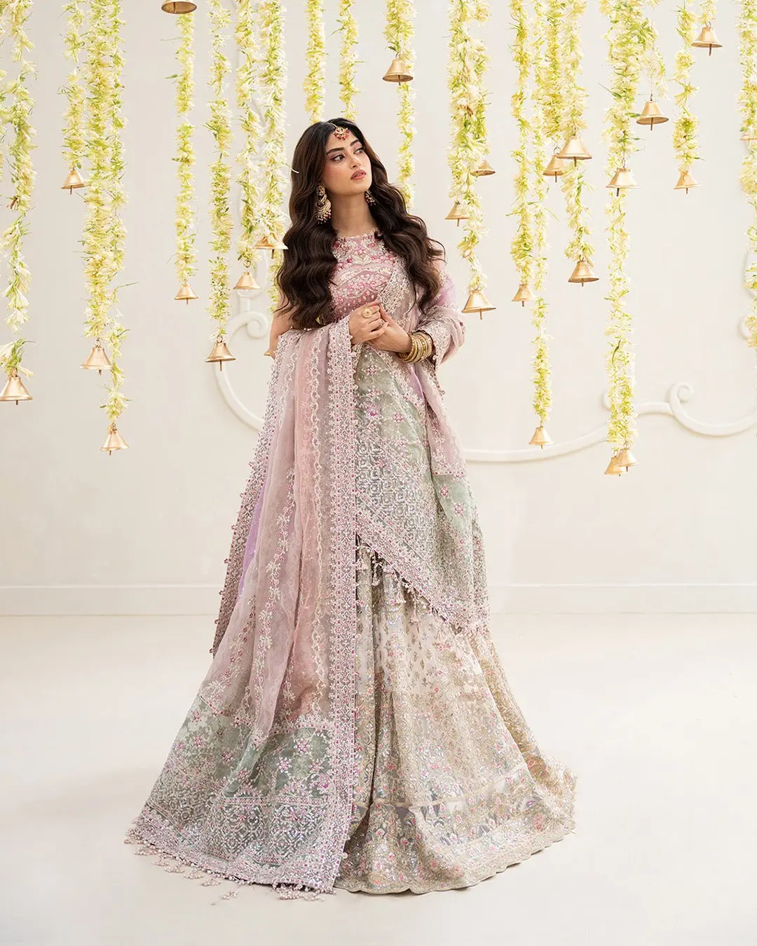 Gul | Blush Pink Tissue Blouse & Net Lehnga Choli with Embroidered Organza Dupatta
