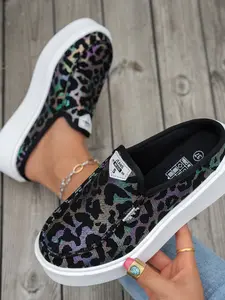 Leopard Print Low Top Casual Textile Shoes, Slip-On Board Sneakers, European and American Fashion Trendy Half Sandals, Women's Footwear, Slip On Lightweight