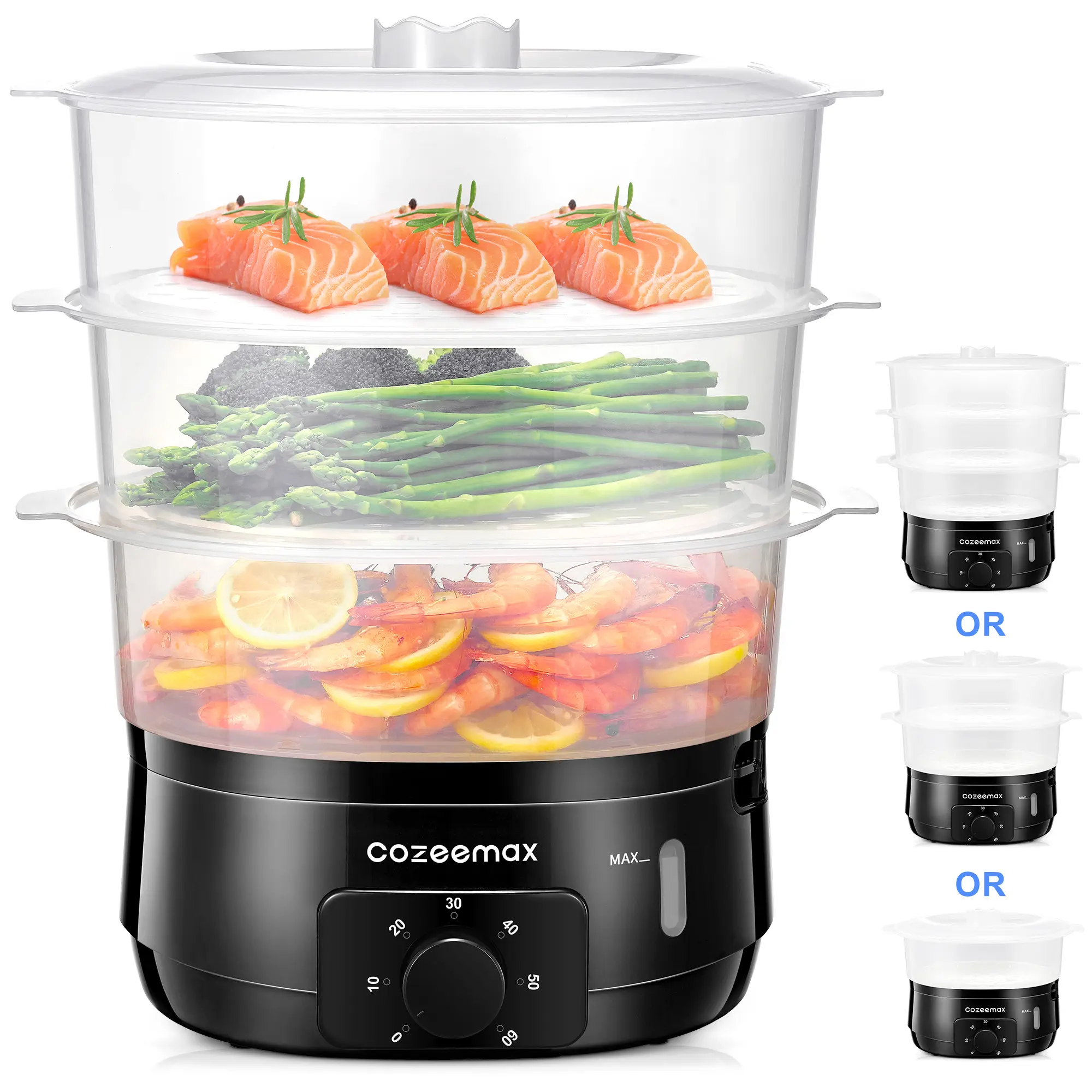 Cozeemax 3 Tier Electric Food Steamer for Cooking, 13.7QT Vegetable Steamer for Fast Simultaneous Cooking, Veggie Steamer, Food Steam Cooker, 60 Minute Timer, BPA Free Baskets, 800W Kitchen Appliance Rice Cooker