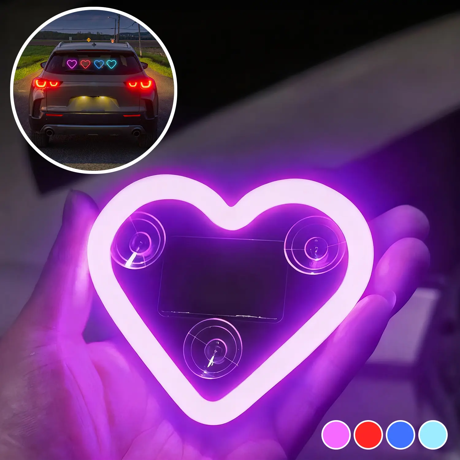 Solar-Powered Heart-Shaped LED Neon Nightlight - Wireless Portable Car Ambient Light with 3 Modes, IP65 Waterproof Romantic Decor, Easy-Install No-Wiring Girly Cute Couples Automotive Accessory