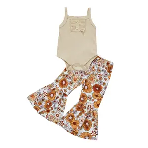 Elegant Baby Girl Pants Set, Square Neck Solid Color Ribbed Buttoned Crotch Romper Floral Elastic Waist Flared Long Pants