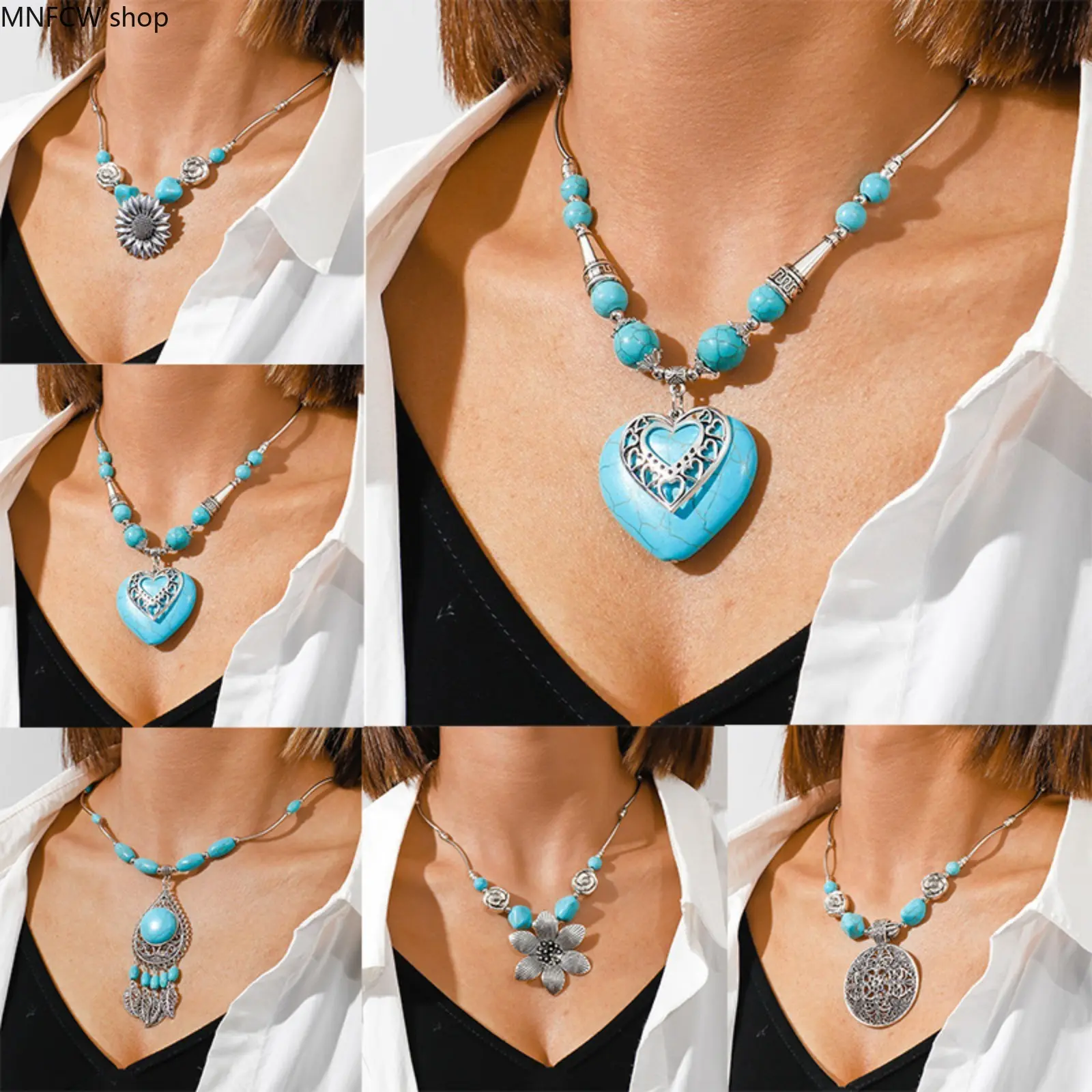 Women's Turquoise Heart Shape Necklace - Vintage Viking-Inspired Boho Pendant, Statement Jewelry for Alt Streetwear Aesthetic