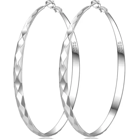 Women's 925 Sterling Silver Large Hooped Earrings - Hypoallergenic, Lightweight, Minimalist Luxury Earrings for Women with Polished Surface, Ridged Lines, Green-Safe Shine, 30/40/50/60/70MM Sizes for Daily Wear