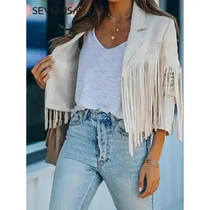 Women's Solid Fringe Design Long Sleeve Jacket, Casual Open Front Lapel Neck Outerwear for Spring & Fall, Ladies Clothes for Daily Wear