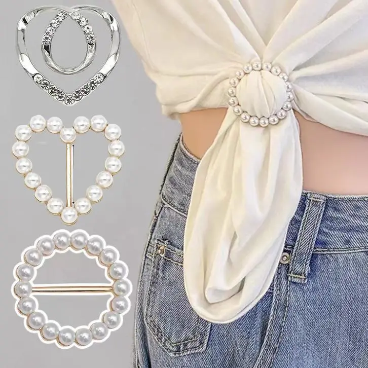 3 Counts Faux Pearl & Rhinestone Decorated Tie Clips, Heart & Round Shaped Elegant Clothing Accessories, Female Exquisite Clips for Summer Daily Outfits