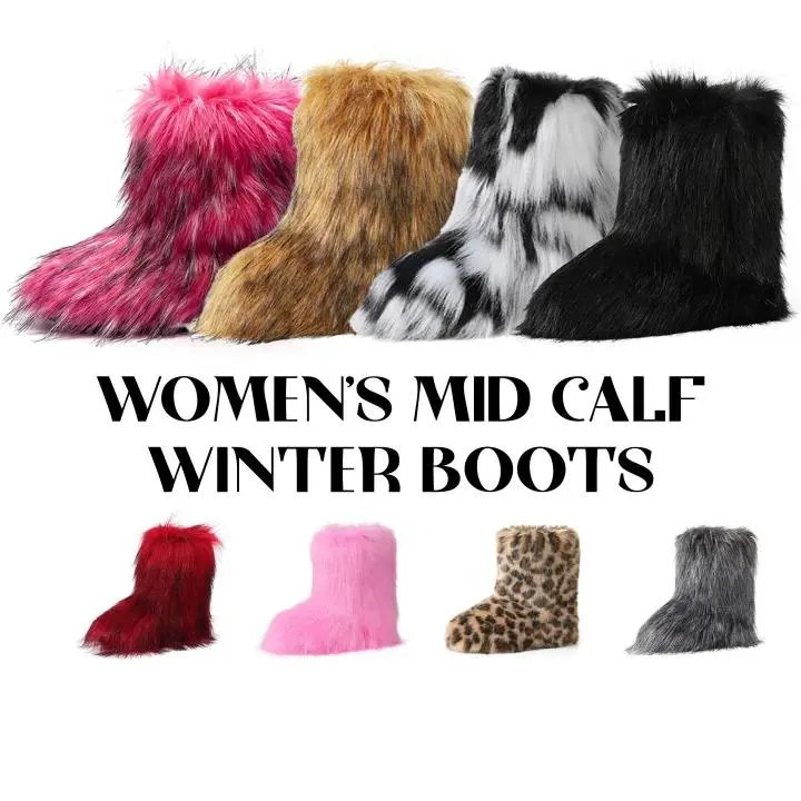 CYNLLIO Fur Boots for Women Round Toe Mid Calf Snow Fall Winter Boots Faux Fur Fuzzy Fluffy Suede Warm Fur Lined Booties Flat Fashion Chilly Day Booty