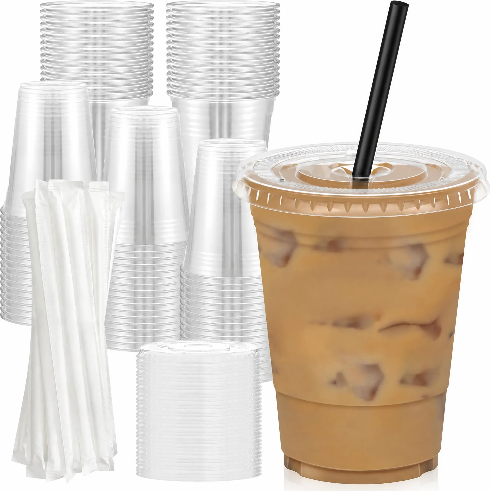 16 oz Clear Disposable Plastic Cups with Lids & Straws, 20 Pack, Sturdy Food Safe Iced Coffee Smoothie Cups for Cold Drinks