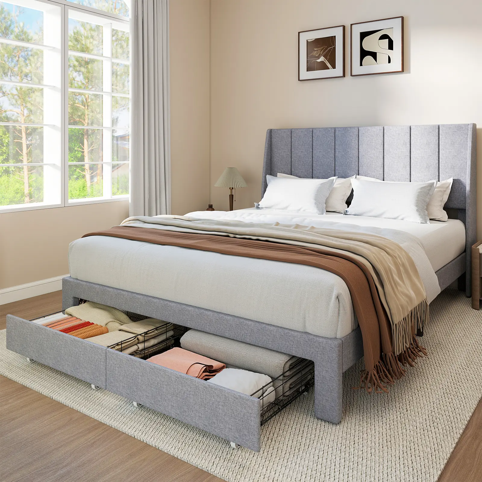 Sweetcrispy Queen Size Upholstered Platform Bed Frame - Contemporary Bedroom Furniture with Rectangular Linen-Tufted Headboard, Underbed Storage Drawers, Built-In USB Port Charging Station (Fits Queen/Full/Twin Sizes)