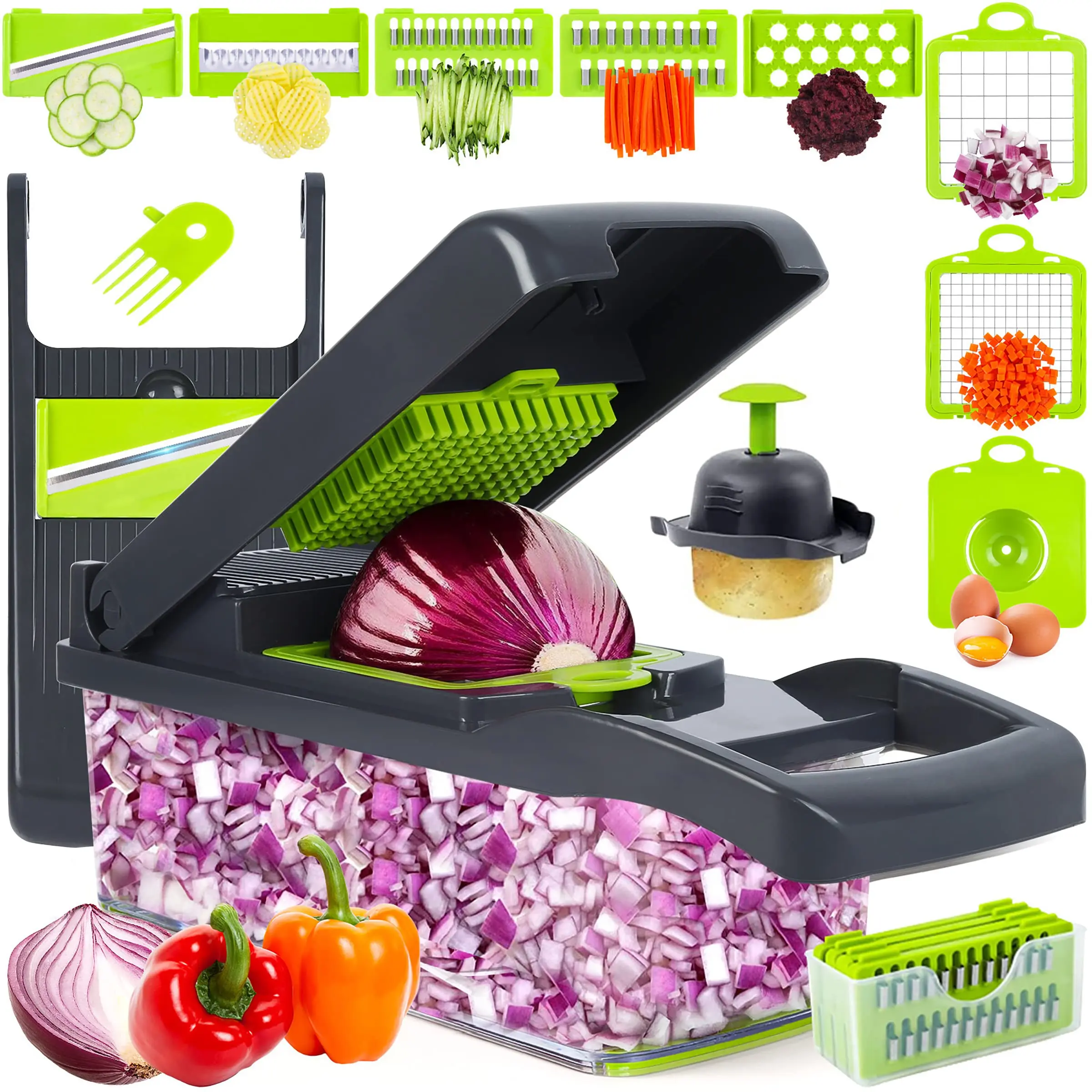16 in 1 Food Chopper Vegetable Cutter with Storage Container, Multifunctional Vegetable Dicer Slicer with 8 Blades, Pro Onion Chopper and Food Processor Kitchen Tool for Chopping Carrot Garlic Salad and Meal Prep