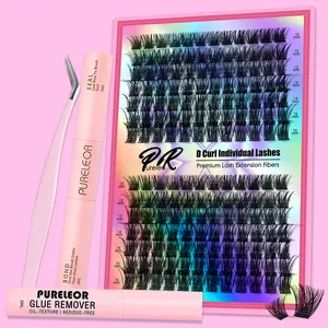 PURELEOR Cluster Lashes Kit Bond and Seal Eyelash Remover Strong Hold Clusters Lash Glue 2 in 1 Waterproof Eyelashes Adhesive Tool D Curl Quick Makeup Removal Individual DIY Mild Formula Gift for Oneself and Lover(10mm 12mm 14mm 16mm)
