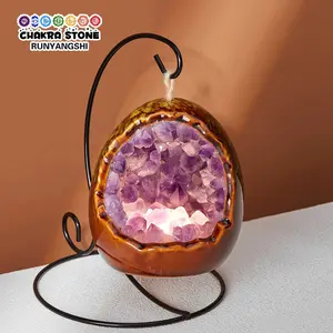 Handmade Natural Amethyst Cluster Toothflower Night Light Healing Rose Quartz Crystal Table Lamp