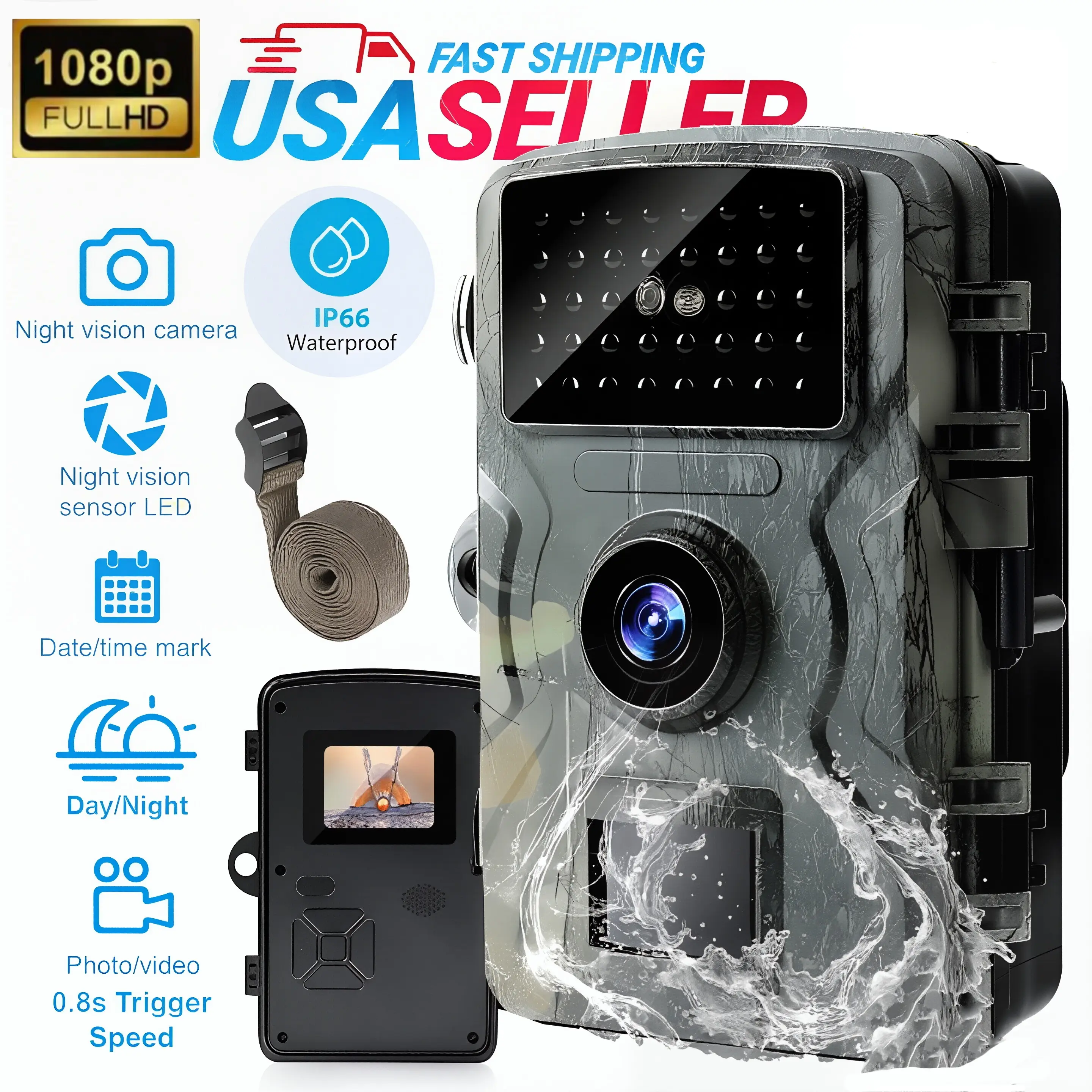 1 x Wildlife Trail Camera 1080p HD, 12MP, 2.0-Inch TFT Color Screen, 0.8S Trigger, Night Vision Technology, Motion Detect, IP66 Waterproof, Camouflage ABS Build, -20℃ to 70℃ Tolerance for Outdoor Wildlife Monitoring & Desert Use