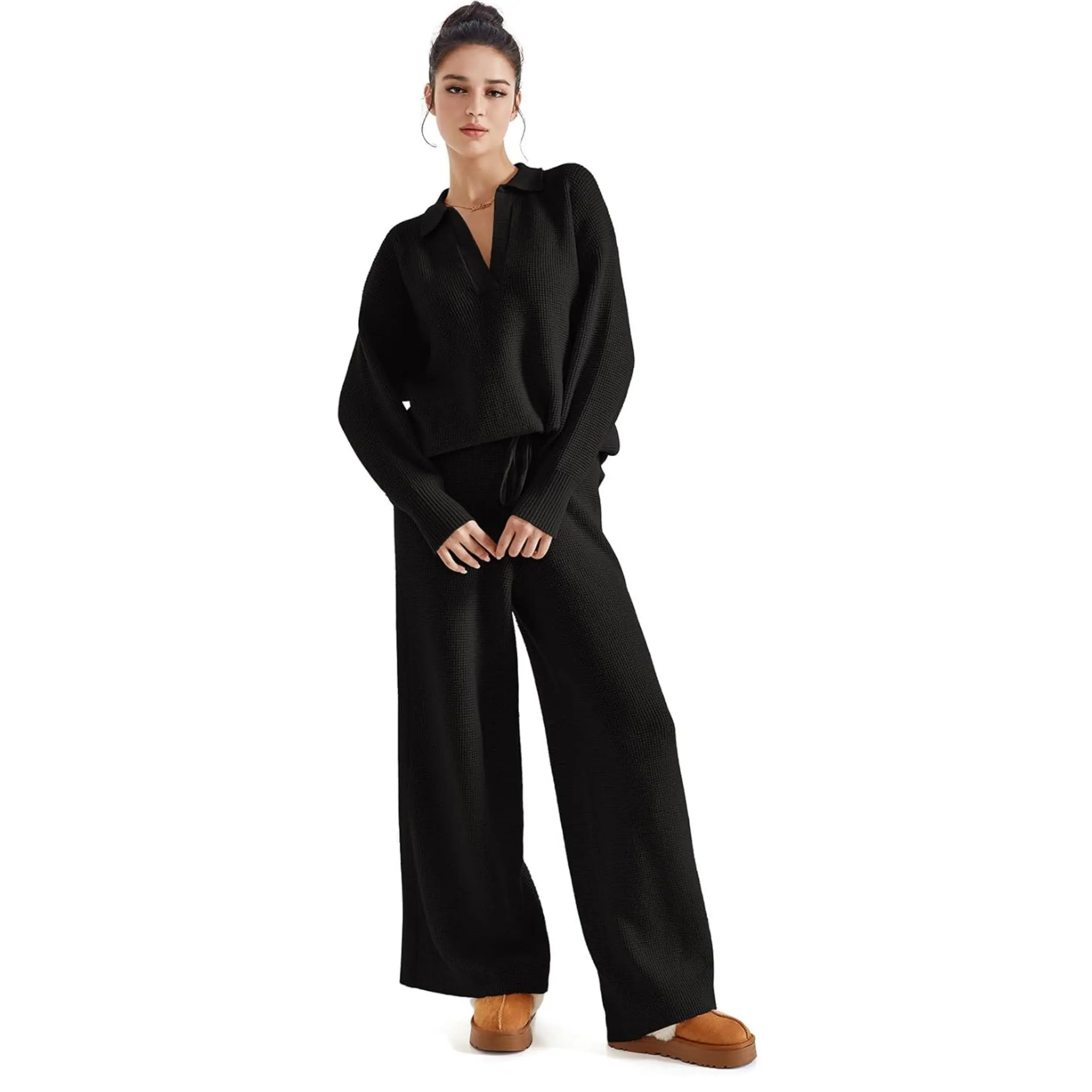 Ekouaer Women's Waffle Knit 2-Piece Loungewear Pajama Set, Minimalist Long Sleeve Sweater, Casual Home Outfits for Fall, Plus Size, Plus Size 2 Piece Sets, Casual Fashion Set