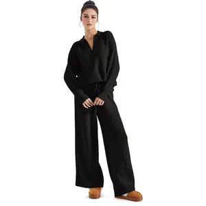 Ekouaer Women's 2-Piece Minimalist Long Sleeve Waffle Knit Sweater Set, Fall Lounge Matching Outfit, Plus Size Women's Clothes