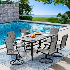 7-Piece Patio Dining Set with 6 Swivel Chairs & Table (Adjustable Umbrella Hole), UV-Resistant Outdoor Furniture for Deck, Backyard, Poolside - Brown/Blue/Gray
