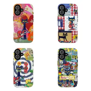Petee Cat Phonecover –Colorful Retro Cat with Guitar Tough Phone Case,for iPhone 17 Air Promax 16 15 14 13 12 11 8 7 for Samsung Series,full-coverage protective phone case, Gift for her, Gift for him Protective Cover Protection Casing