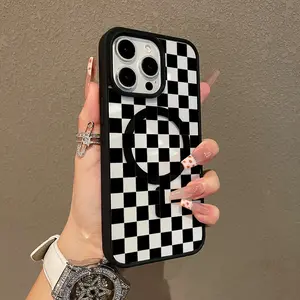 Adorable Magnetic Case for iPhone11/12/13/14/15/16/17/promax Checkerboard Pattern MagSafe Compatible, Lightweight, Anti-Fall | Girly & Chic Style