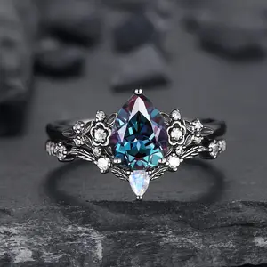 Black Flower Ring Set with Unique Platinum Black Magic Ring as Gift for Friends, Lover