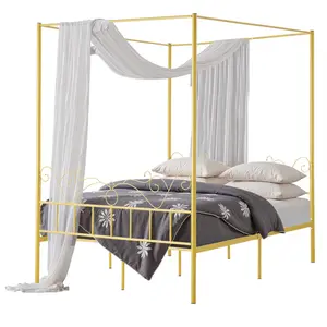 【Spotlight Day】VEVOR Queen Size Canopy Bed Frame, Metal Canopy Bed with Minimalist Headboard & Four Posters Design, Heavy Duty Steel Slats Support, Underbed Storage Space, No Box Spring Needed, Easy Assembly, Gold