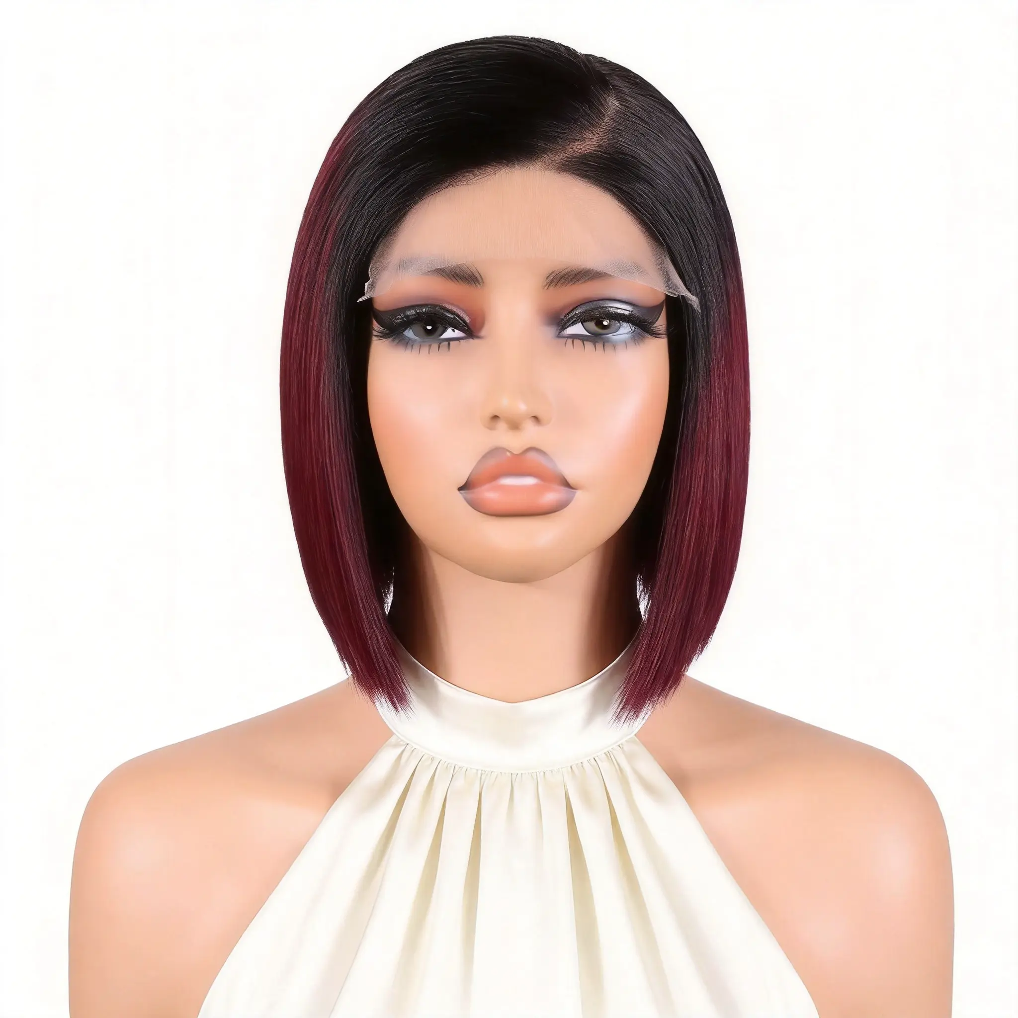 1B/99J Burgundy Glueless Straight Short Bob Wig With Drawstring Black To Burgundy Ombre Pre-cut 5x5 HD Lace Human Hair Wigs With with Left C Part Pre plucked Pre Bleached Knots 180% Side Part Wig Beginner Friendly Summer Hairstyles#SummerWins