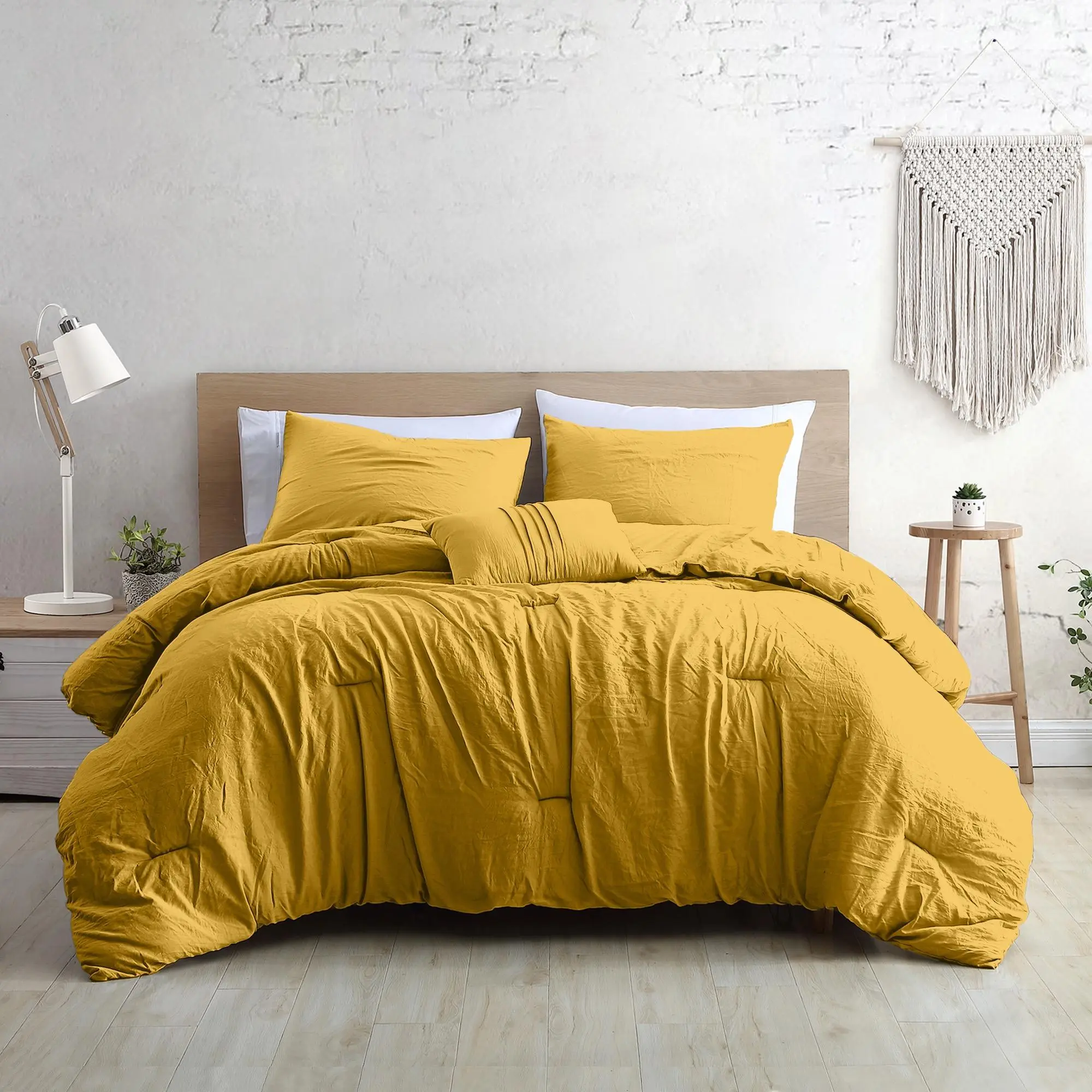 Modern Threads Beck Queen 4-Piece Garment-Washed Microfiber Comforter Set - Soft Solid Gold Bedding Sets, Machine Washable