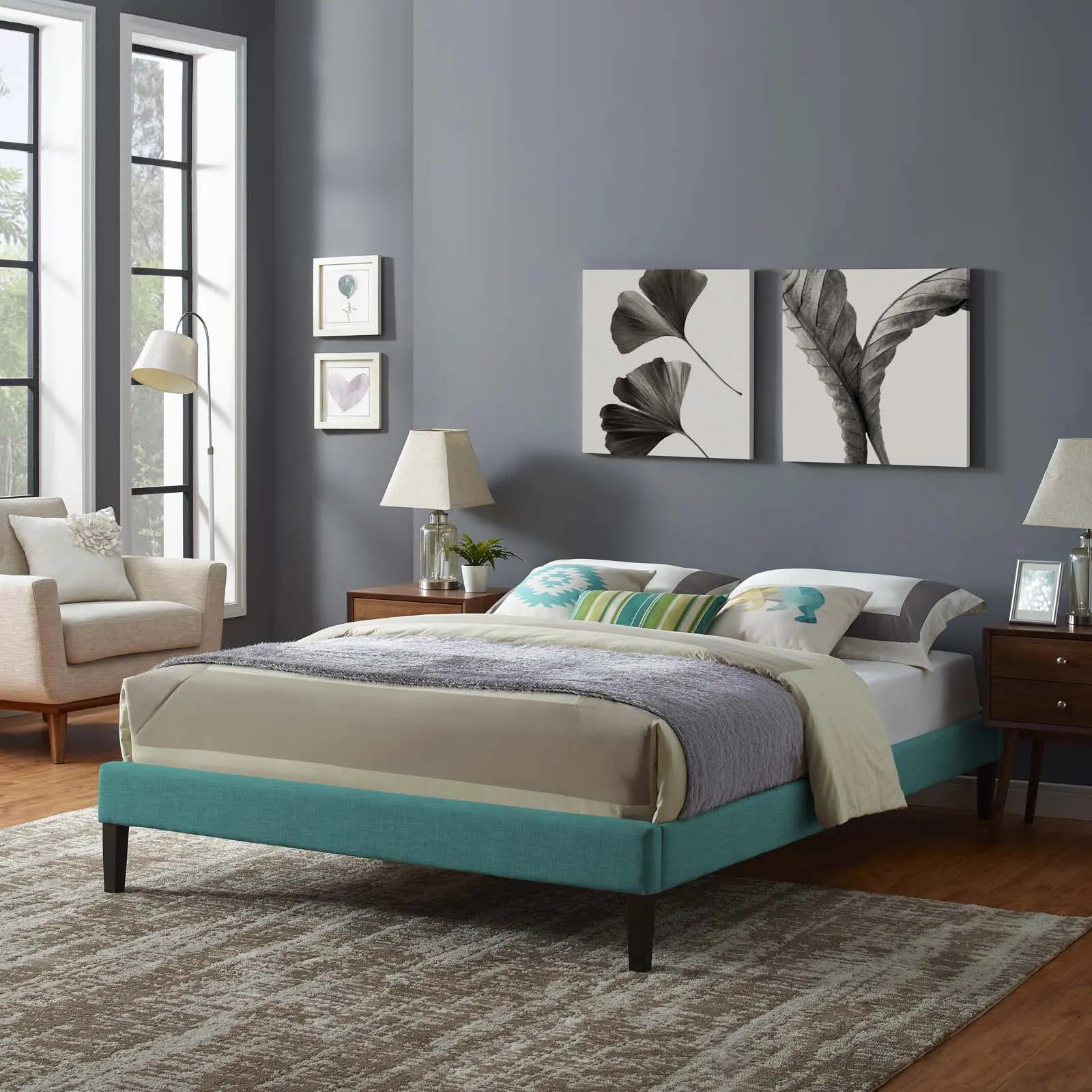 Modway Tessie King Fabric Bed Frame with Squared Tapered Legs in Teal