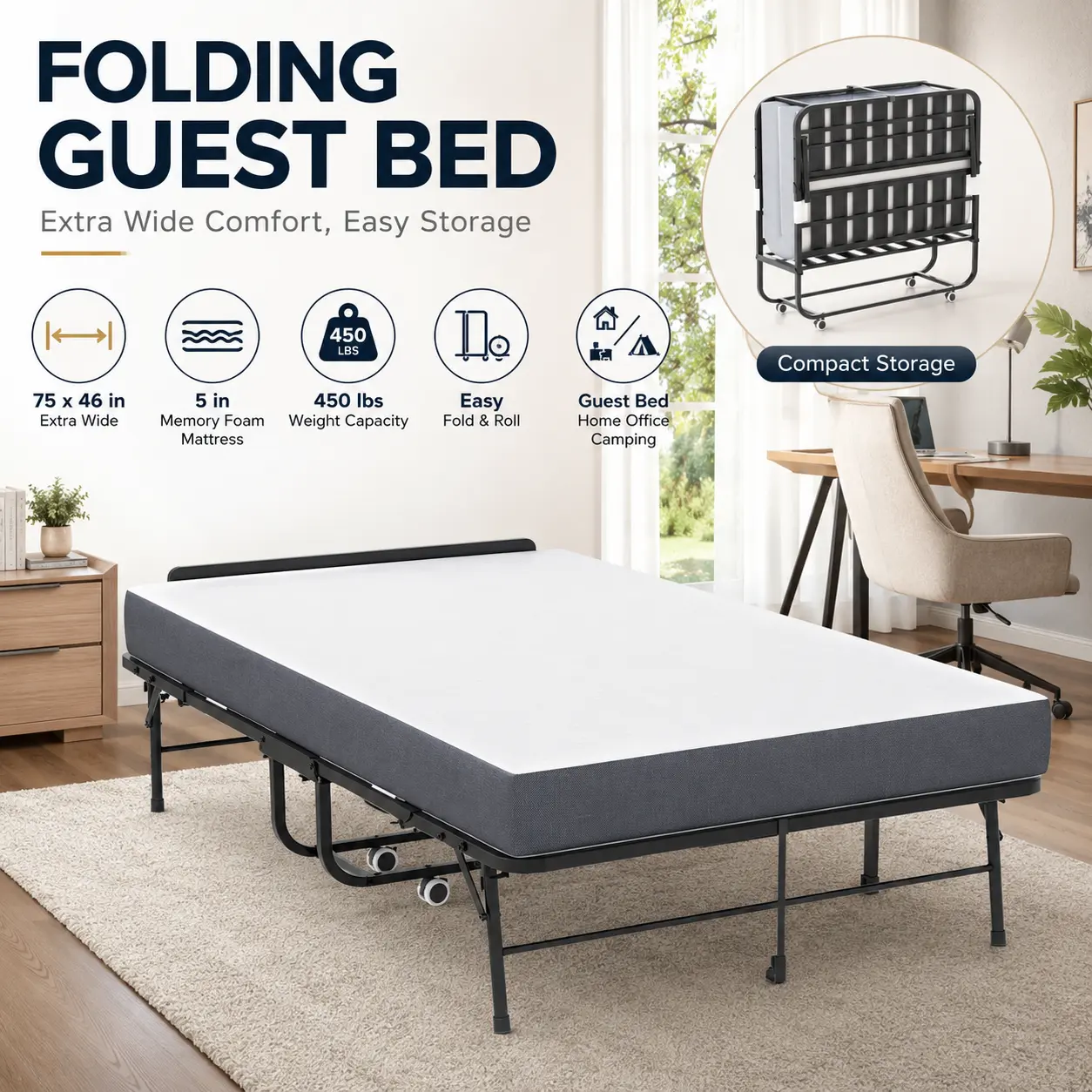 Elon Rollaway Guest Bed Folding Bed with Memory Foam Mattress Heavy Duty 75x46 Inch Extra Long Wide Cot Adjustable Headboard on Wheels Space Saving Furniture for Tall People Apartment Essentials Room Makeover Sleepover1