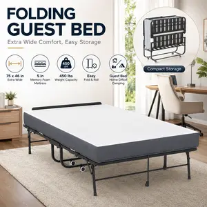Elon Rollaway Guest Bed Folding Bed with Memory Foam Mattress Heavy Duty 75x46 Inch Extra Long Wide Cot Adjustable Headboard on Wheels Space Saving Furniture for Tall People Apartment Essentials Room Makeover Sleepover1