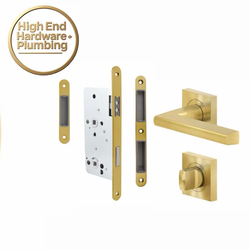 Complete handle Satin Brass - with magnetic lock and strake plate for frame