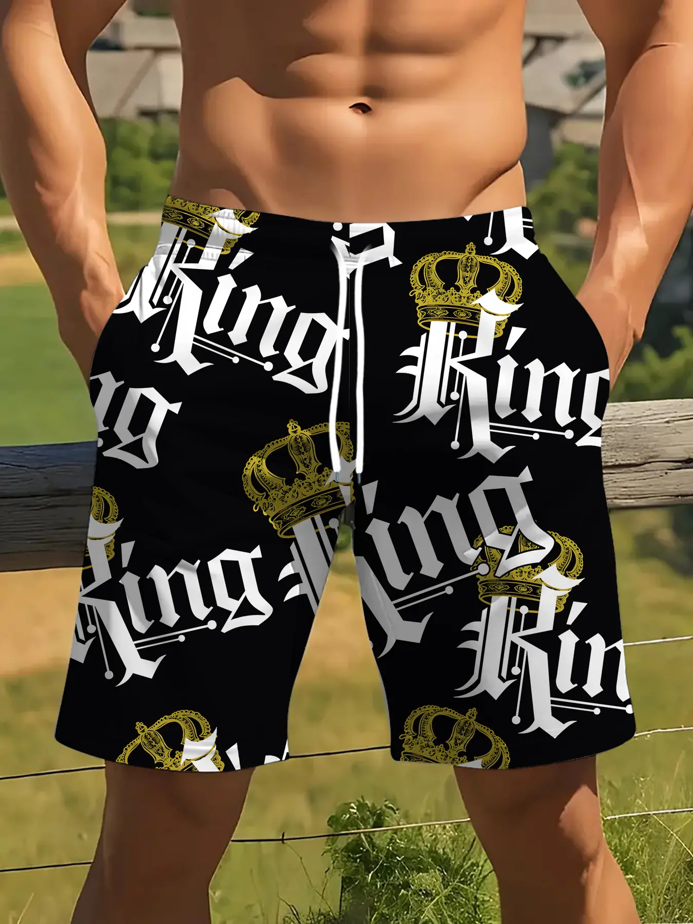 Red Crown Letter 'KING' All-Over Print Shorts for Trendy Summer Men'S Wear, Graphic Print Shorts, Casual Sport Shorts, Casual Slim Shorts
