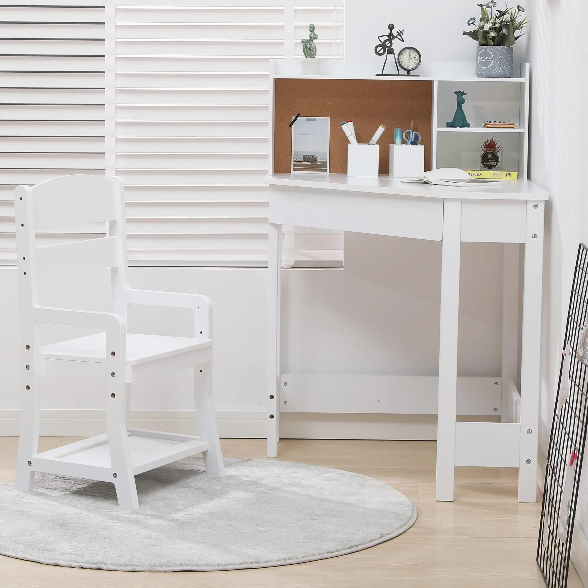 Garvee White Corner Study Desk and Chair Set for Home Schooling and Study, Designed for Young Learners with Space-Saving and Functional Features