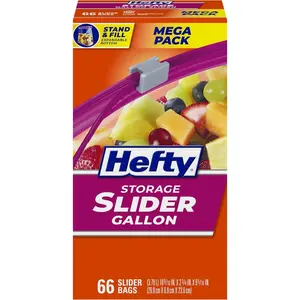 Hefty Slider Storage Bags Gallon Size – 66 Count Kitchen Food Storage Bags with Secure Zip Seal