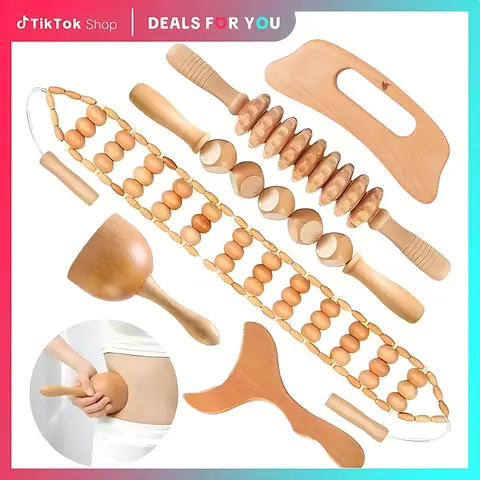 6-Count Traditional Wooden Manual Massage Tool Multi-Pack - Gua Sha, Scalp, Back, Foot, Facial Roller Use - Lymphatic Drainage, Muscle Relaxation, Detox Sculpting - For Athletes, Body Care, Self Care Products, Sports, Outdoor - Relaxing Gifts