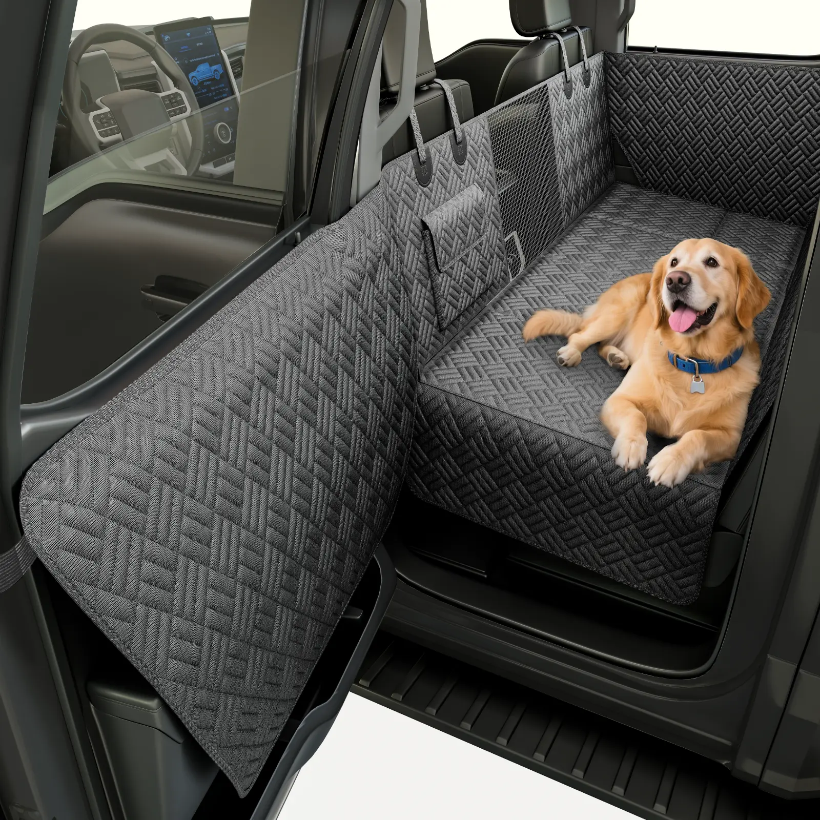 Dog Car Seat Cover with Hard Bottom, Holds up to 400lbs | Patented Waterproof Dog Hammock Back Seat Extender for Cars, SUVs & Full-Size Trucks (Small & Large Sizes)