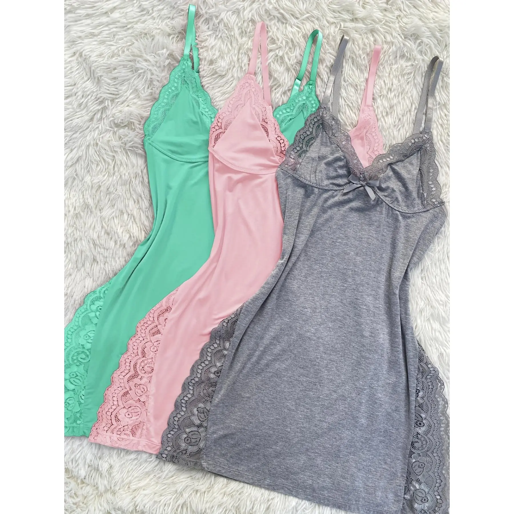 3PCS Pink Green Gray Lace Splicing V-neck Side Opening Modal Nightgown 3pcs Combo Set