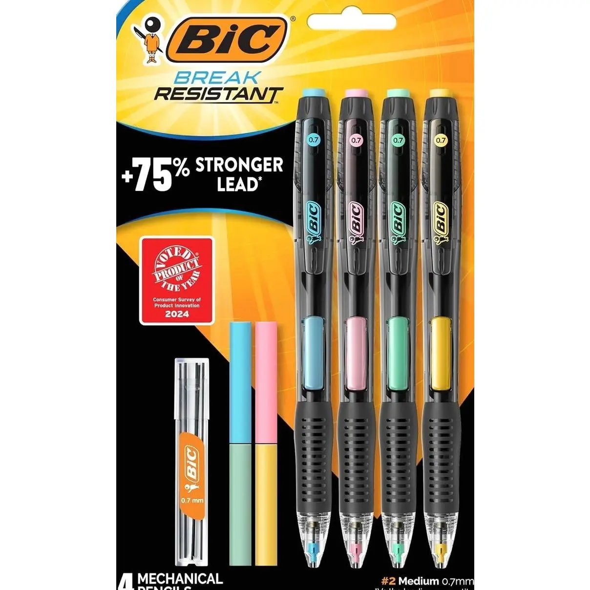 BIC Break Resistant Mechanical Pencils with Erasers, No. 2 Medium Point (0.7mm), 4-Count Pack Pencils for School or Office Supplies, Lead and Eraser Refills