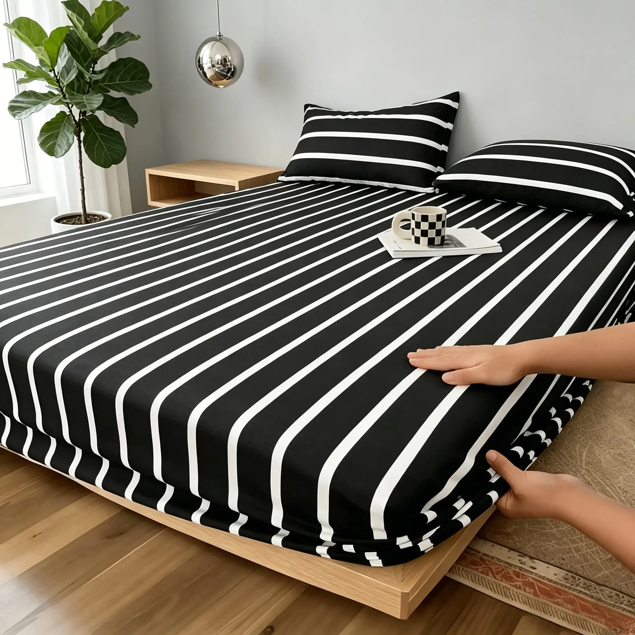 3-Piece Bedding Set, Versatile Fresh Black & White Striped Digital Printed Fitted Sheet Set, Striped Sheets. Includes 1 Fitted Sheet + 2 Pillowcases (Inserts Not Included). Ultra Soft Fabric, Ideal for Dorm & Bedroom Decor, Perfect Birthday Gift for Men