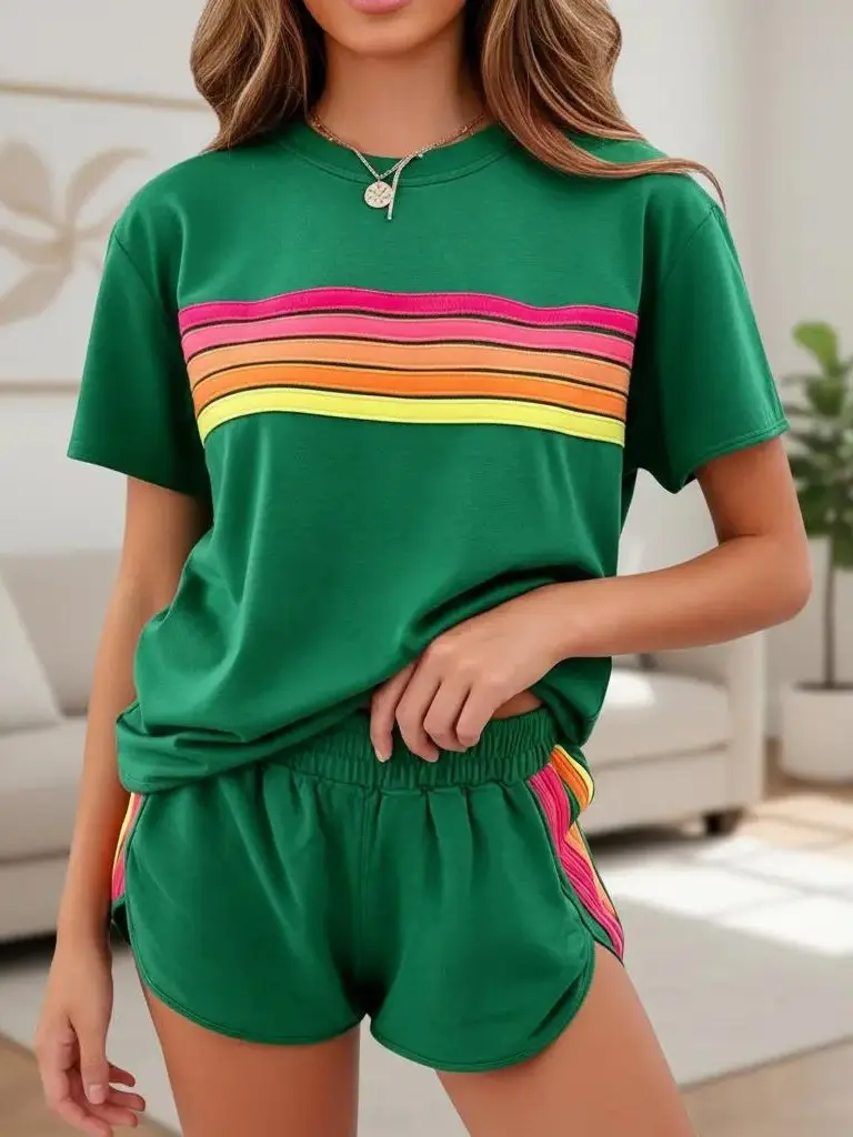 Tongudon Women's 2-Piece Retro Rainbow Stripe Matching Set - Crew Neck Short Sleeve Top, High Waist Above-the-Knee Shorts with Pockets, Regular Fit, Soft Stretchy Breathable Retro Chic Dopamine Dressing Loungewear for Summer Vacation, 2 Piece Short & Top