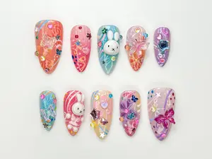 Kawaii Bunny Press On Nails - 3D Cute Rabbit & Star Nails - Rainbow Pastel Swirl Nail Art - Handmade Kawaii Nail - Fun Handmade Nail