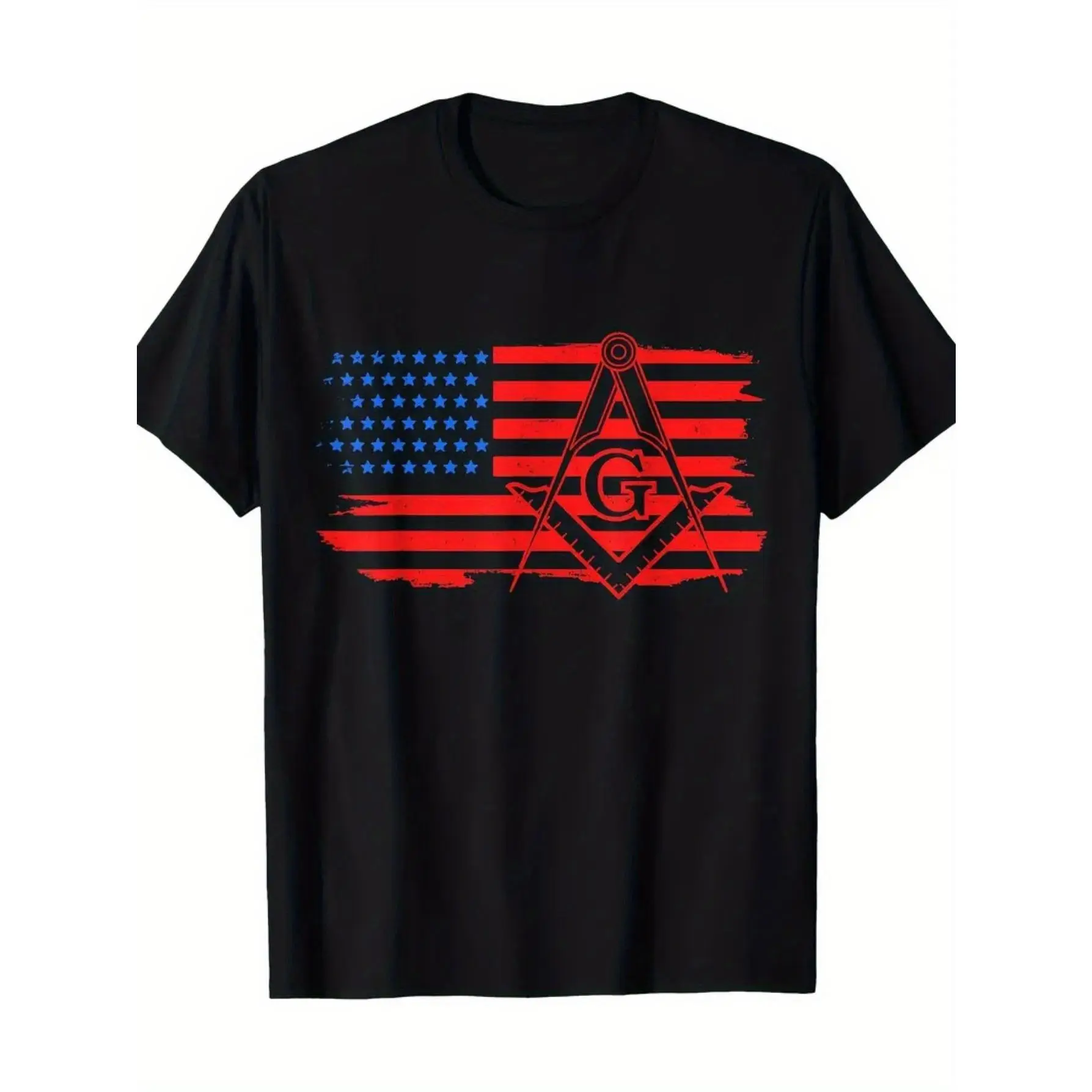 Cotton Short Sleeve  T-Shirt Mason Masonic US Flag Square Print for Men Couple Fashion T-Shirt, Street Short Sleeve Cotton T-Shirt, Comfort-Fit Crew Neck T-Shirt-Ultra-Soft, Breathable, Moisture-Wicking, Casual Summer Tee