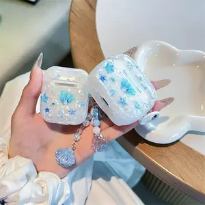 Shell patterned blue cute underwater world headphone protective case with shell chain pendant for AirPods 1 2 3 4 Pro Pro2 Cover