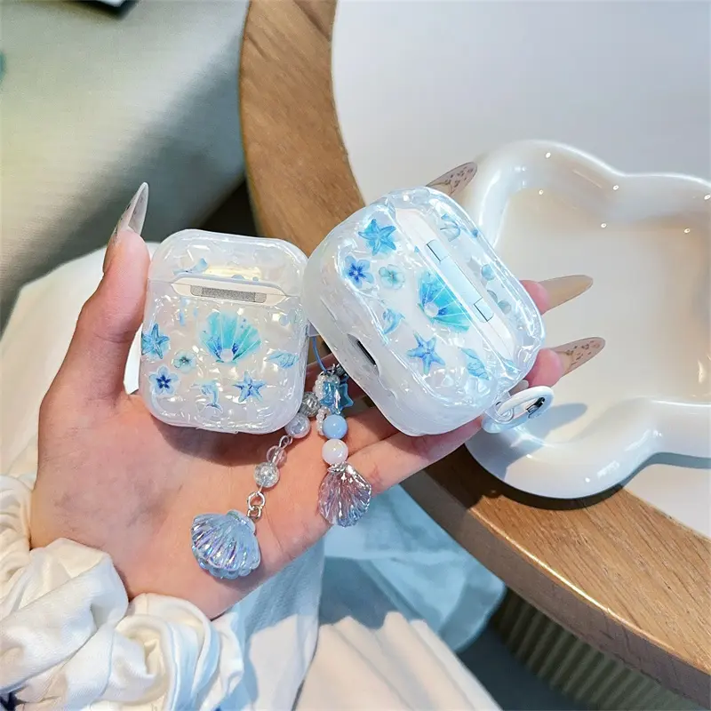 Shell patterned blue cute underwater world headphone protective case with shell chain pendant for AirPods 1 2 3 4 Pro Pro2 Cover