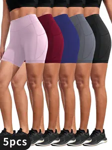 5-PACK Summer Quick-drying Seamless High-waisted Compression Yoga Shorts With Pockets For Running/gym Lounge & Casual Wear - Solid Color All-Season Machine Washable, Yoga Leggings, Flared Design, Highelastic Material